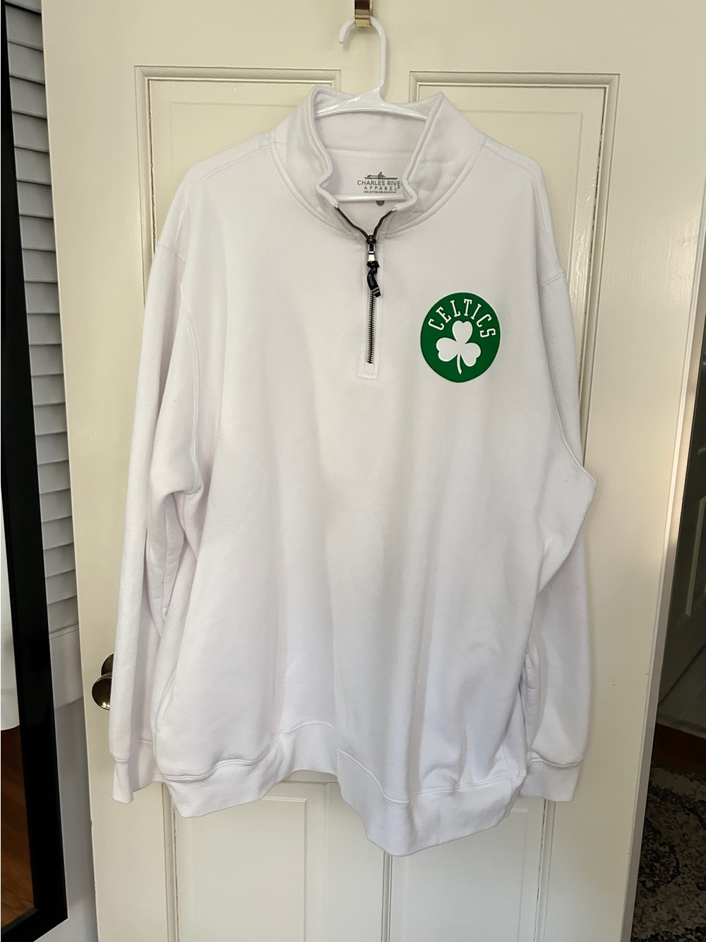 Charles River Apparel White Half-Zip Sweatshirt with Green Celtics Logo